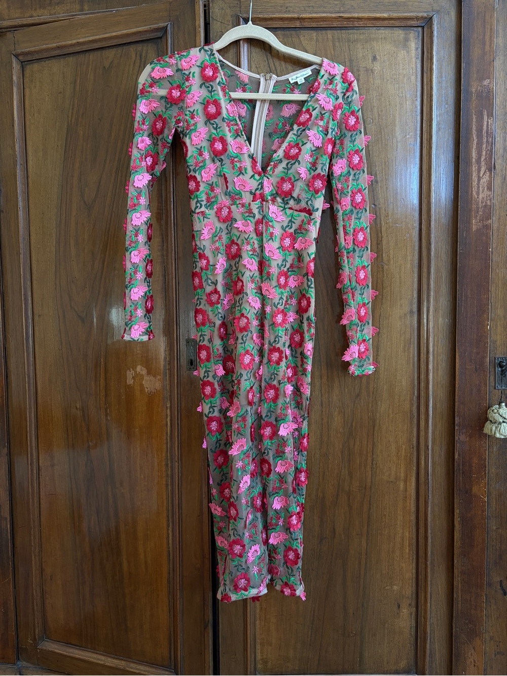 For Love & Lemons Floral Appliqué Mesh Midi Dress